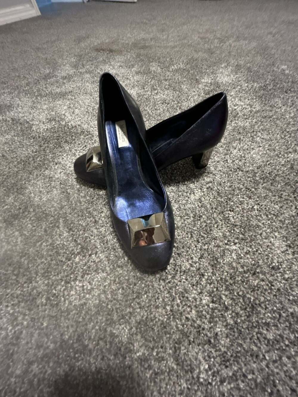 Max Mara Blue Metallic Leather Pumps with Gold Hardware Buckle